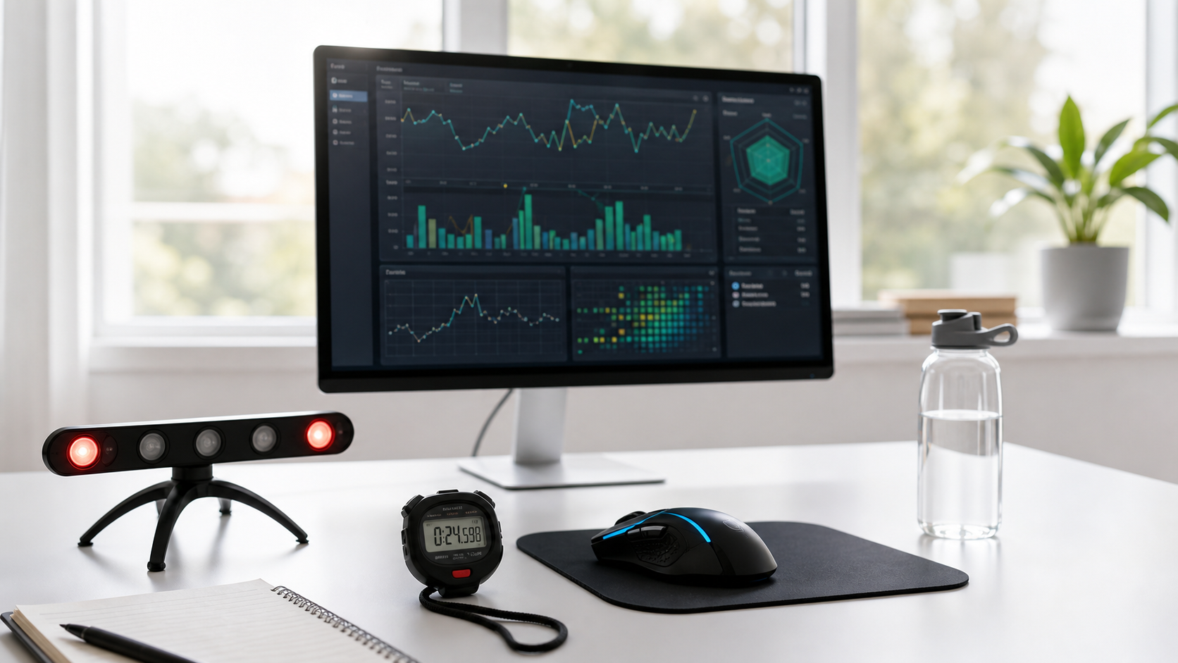 Bright reflex testing lab with timing lights, analytics screen, mouse, and stopwatch
