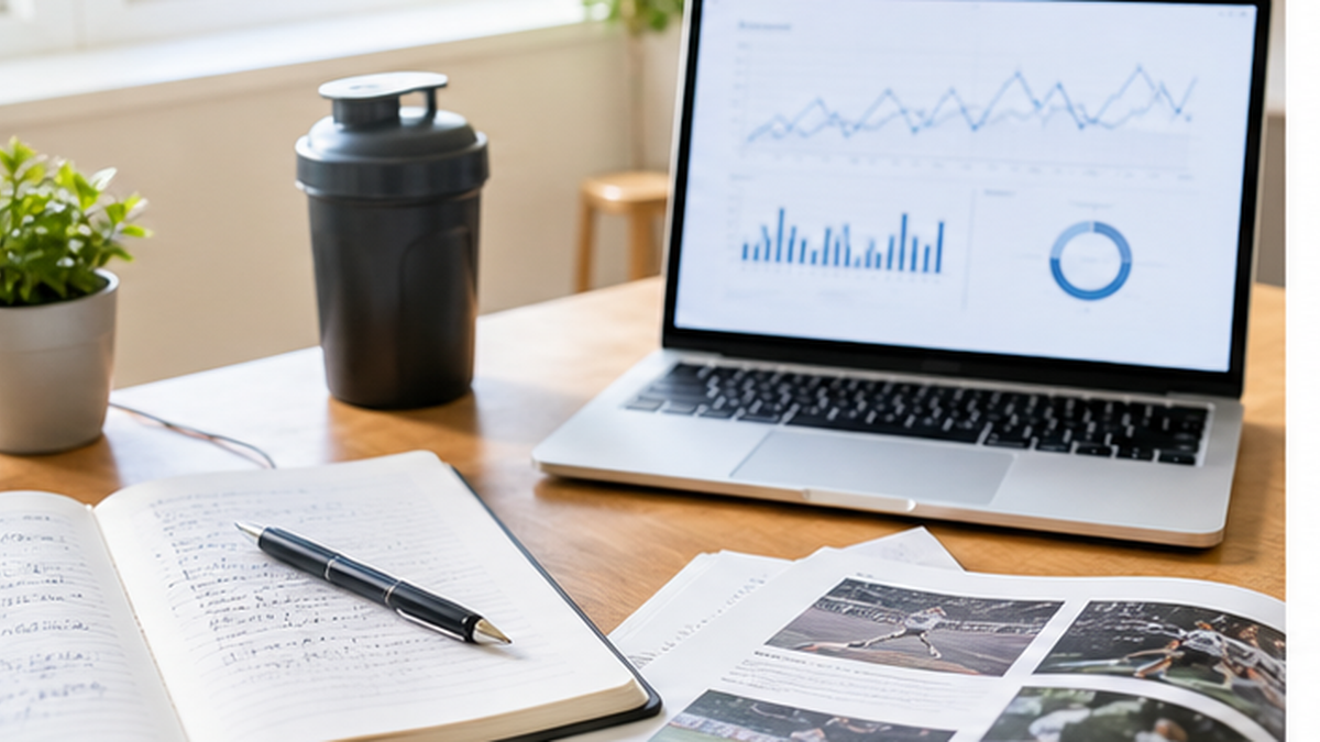 Editorial training guide desk with notebook, analytics, and performance material