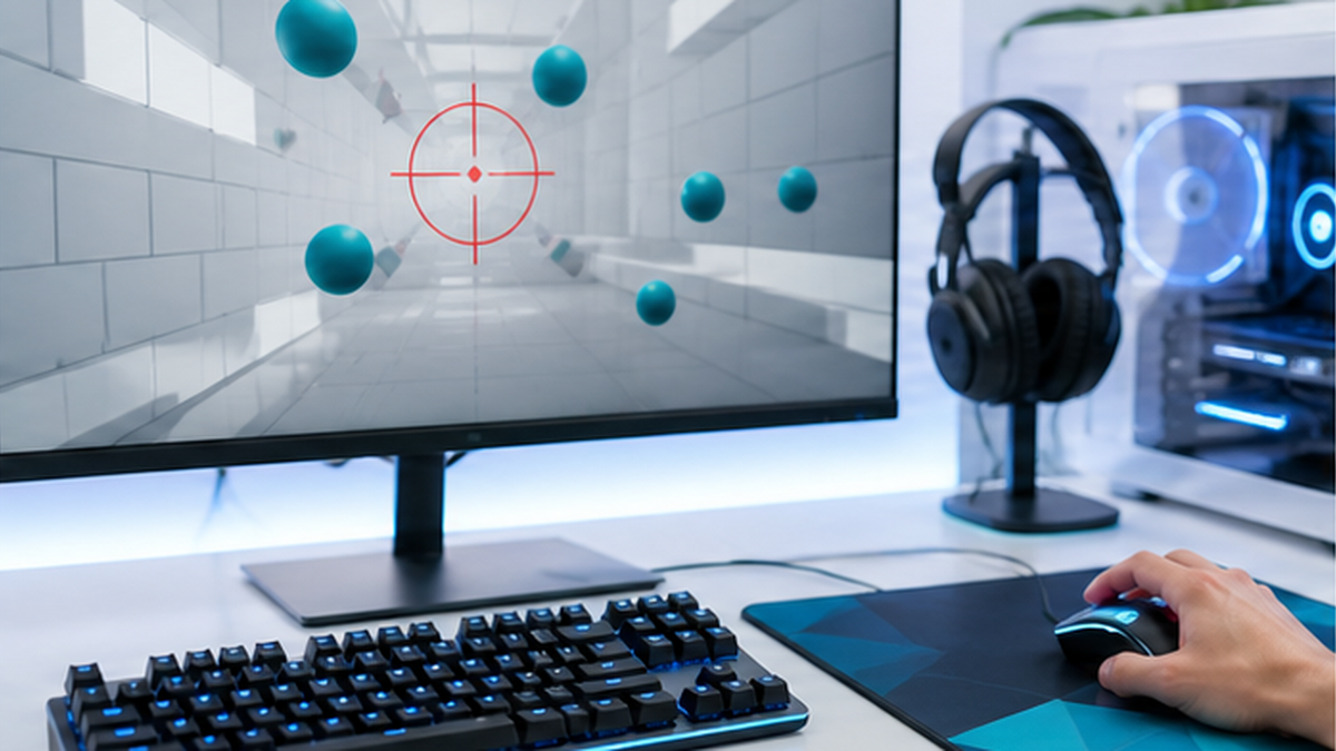 Clean gaming tools workspace with aim training monitor, keyboard, and mouse